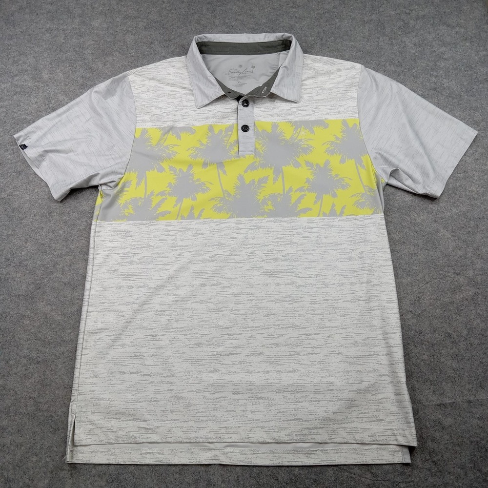 Sunday Crew Polo Shirt Mens XL Gray‎ Yellow UPF 50+ Palm Tree Print Performance